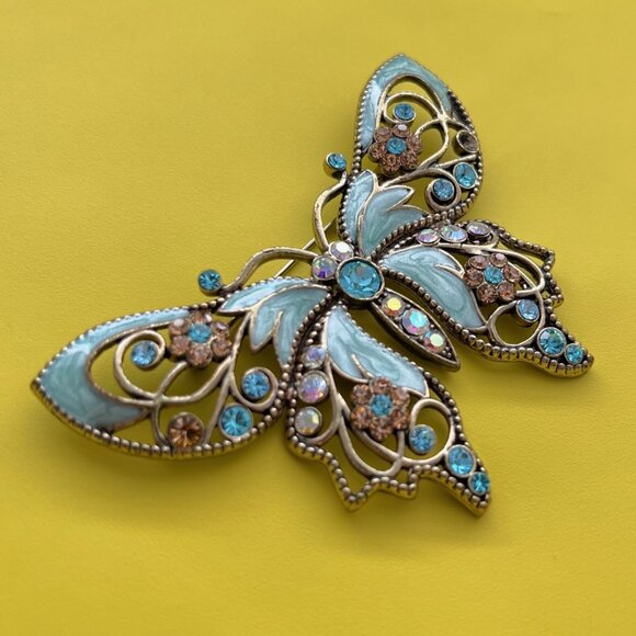 Avon Rhinestone Butterfly Brooch, Aquamarine and Multicolor, 3x2 inches - Picture 1 of 9